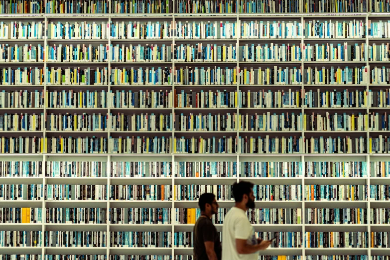two men looking at a tall amount of books on a bookshelf