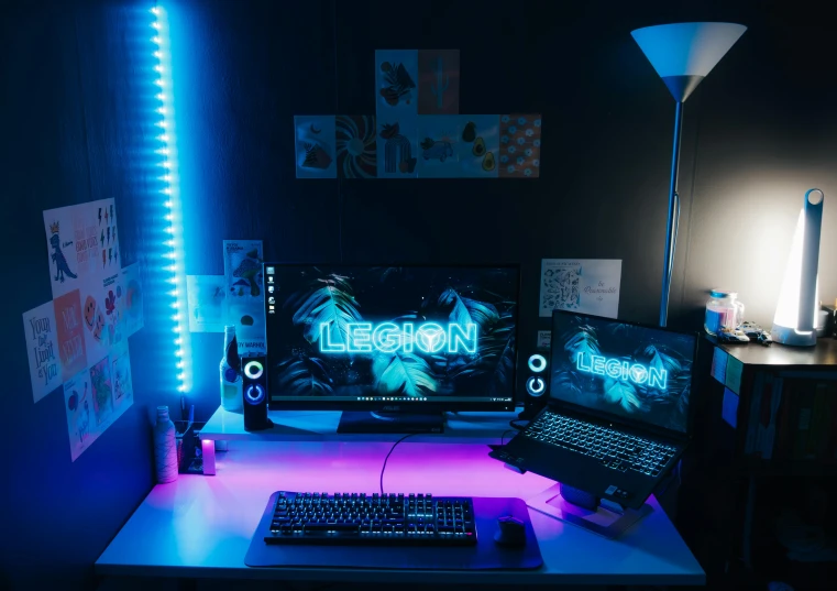 a home computer with neon lights on it and a desktop
