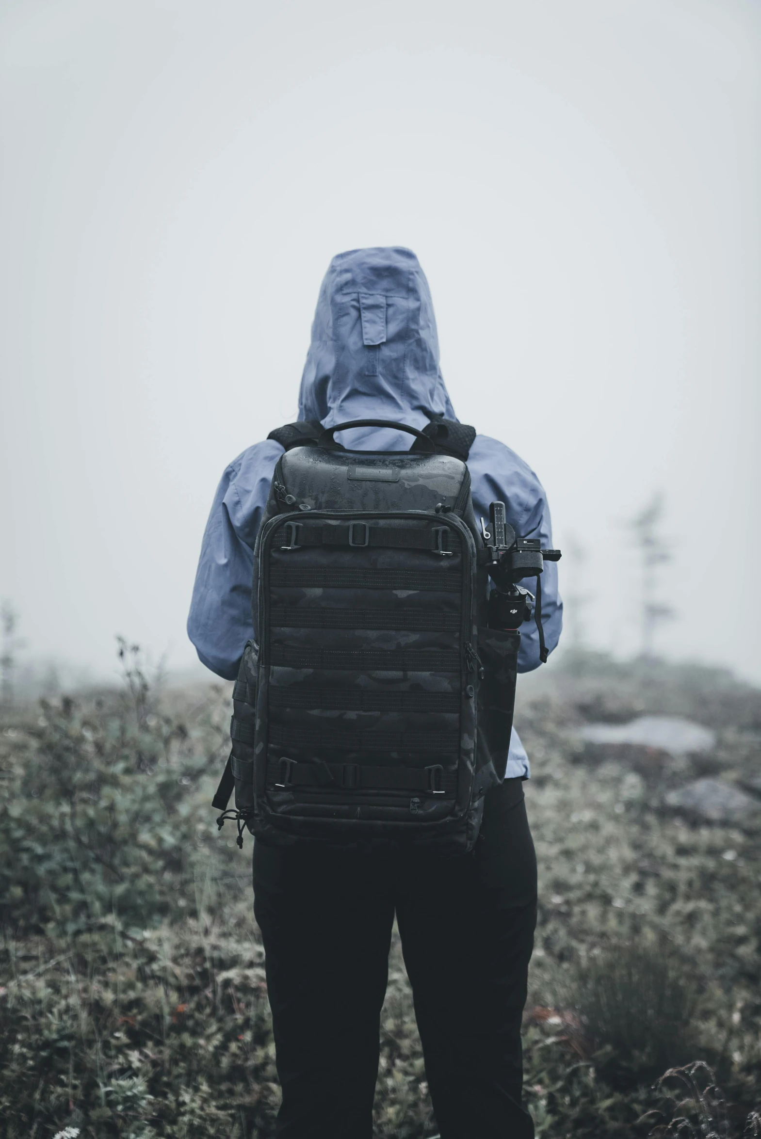 a man in a blue jacket with his back to the camera, with a backpack on