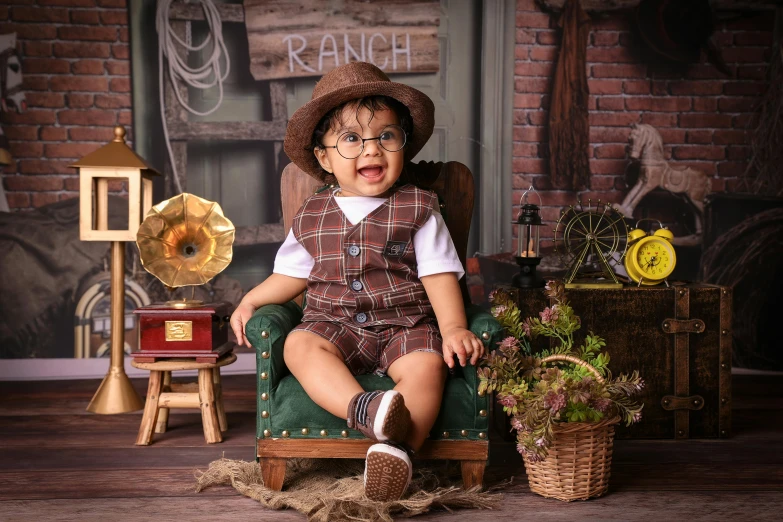 the small child is posing for the camera in a chair