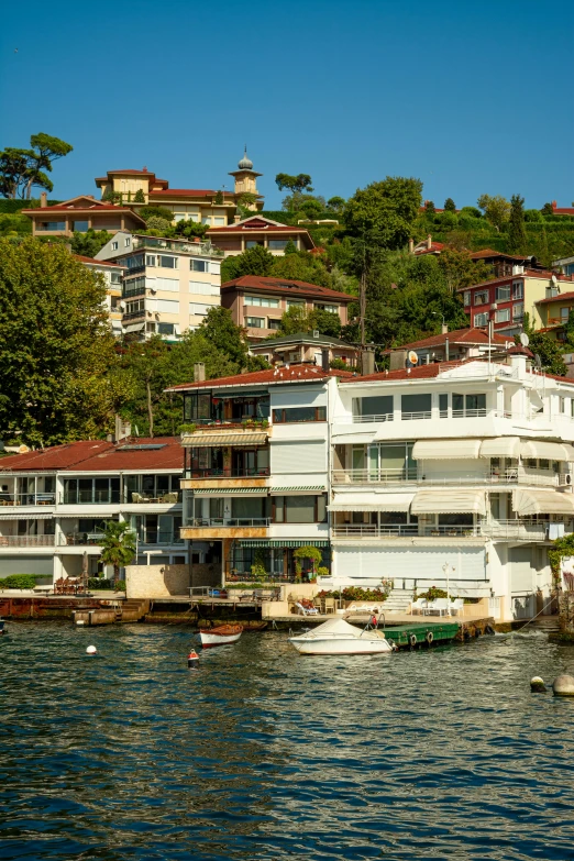 an island with lots of large white houses next to a lake