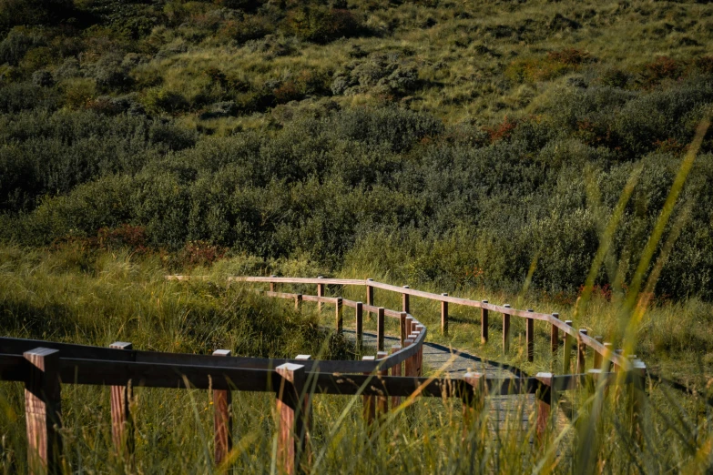 a bridge that is in a field next to a hillside