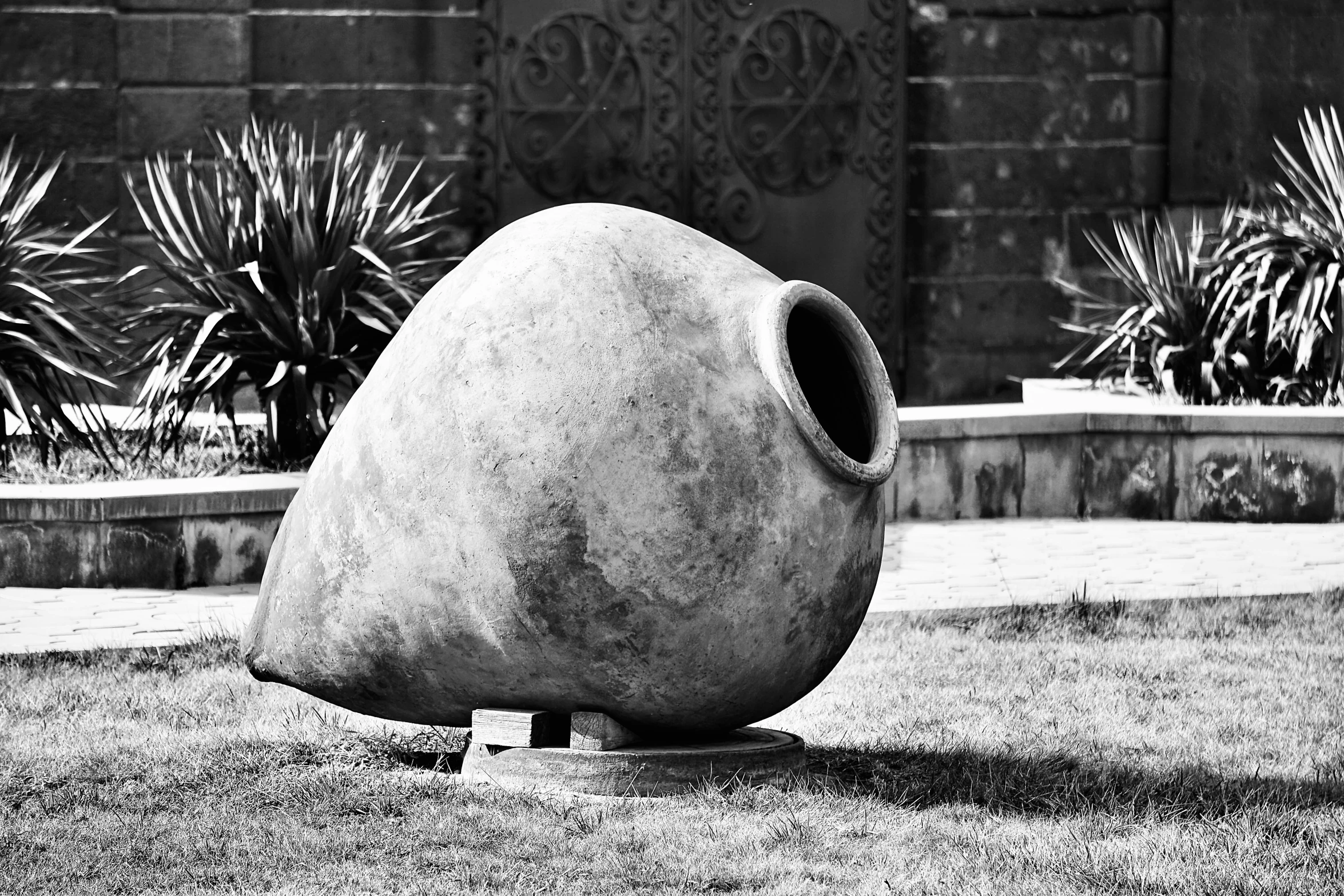 large, decorative vase with a rounded body in a yard