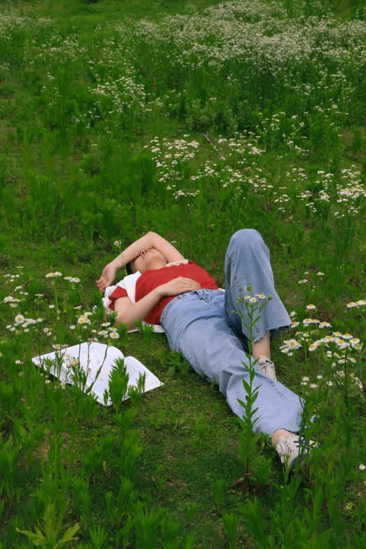 a man laying on the ground near some flowers