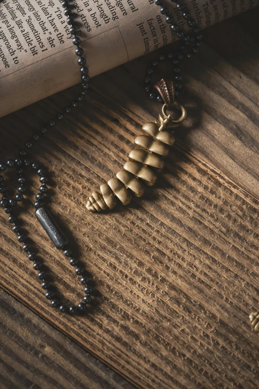 an image of a necklace that is next to a book