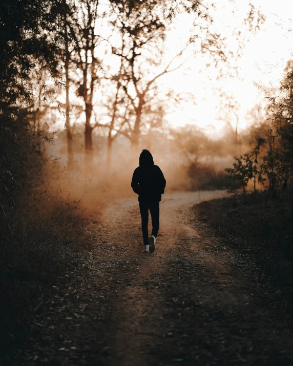 a person walking down a dirt road in the woods