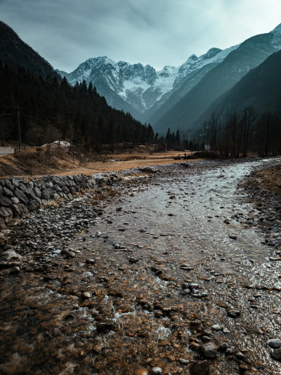 a rocky trail leads up to a forested valley in the mountains