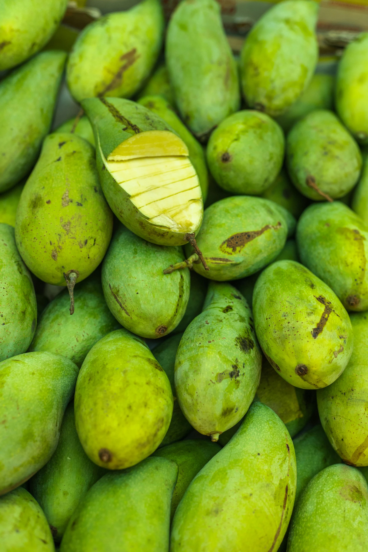 a basket full of various green fruit with one leaf