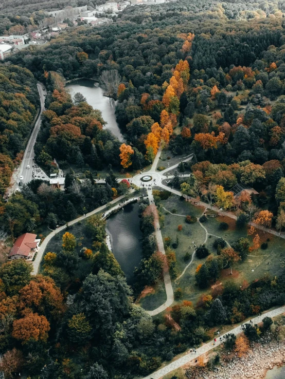 aerial pograph of park with lakes and trees