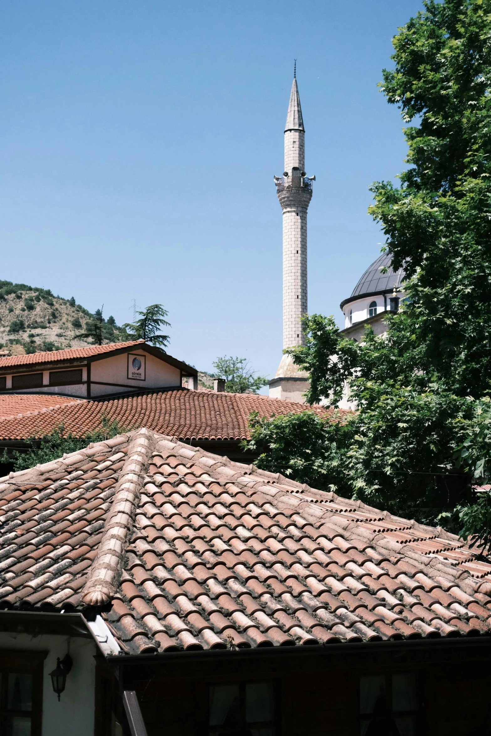 the tall tower is standing behind the houses