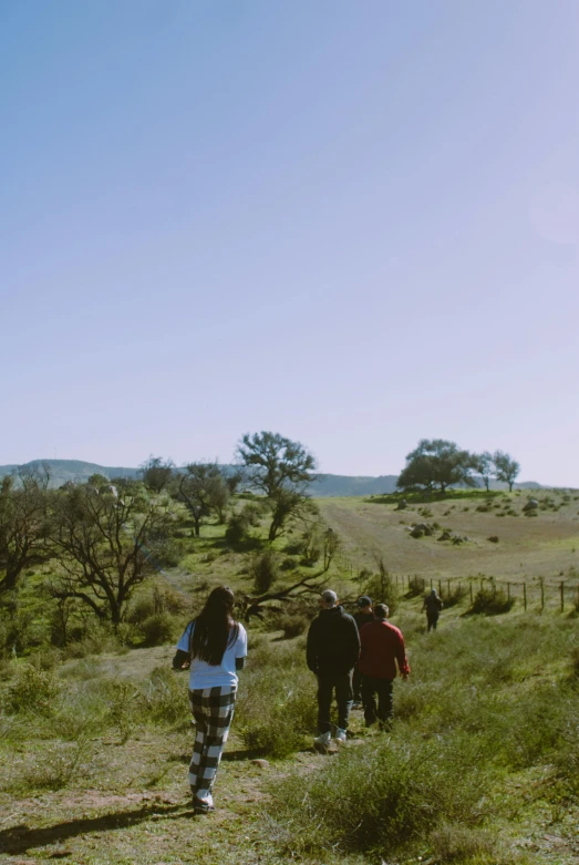 some people walking in a field of grass with trees