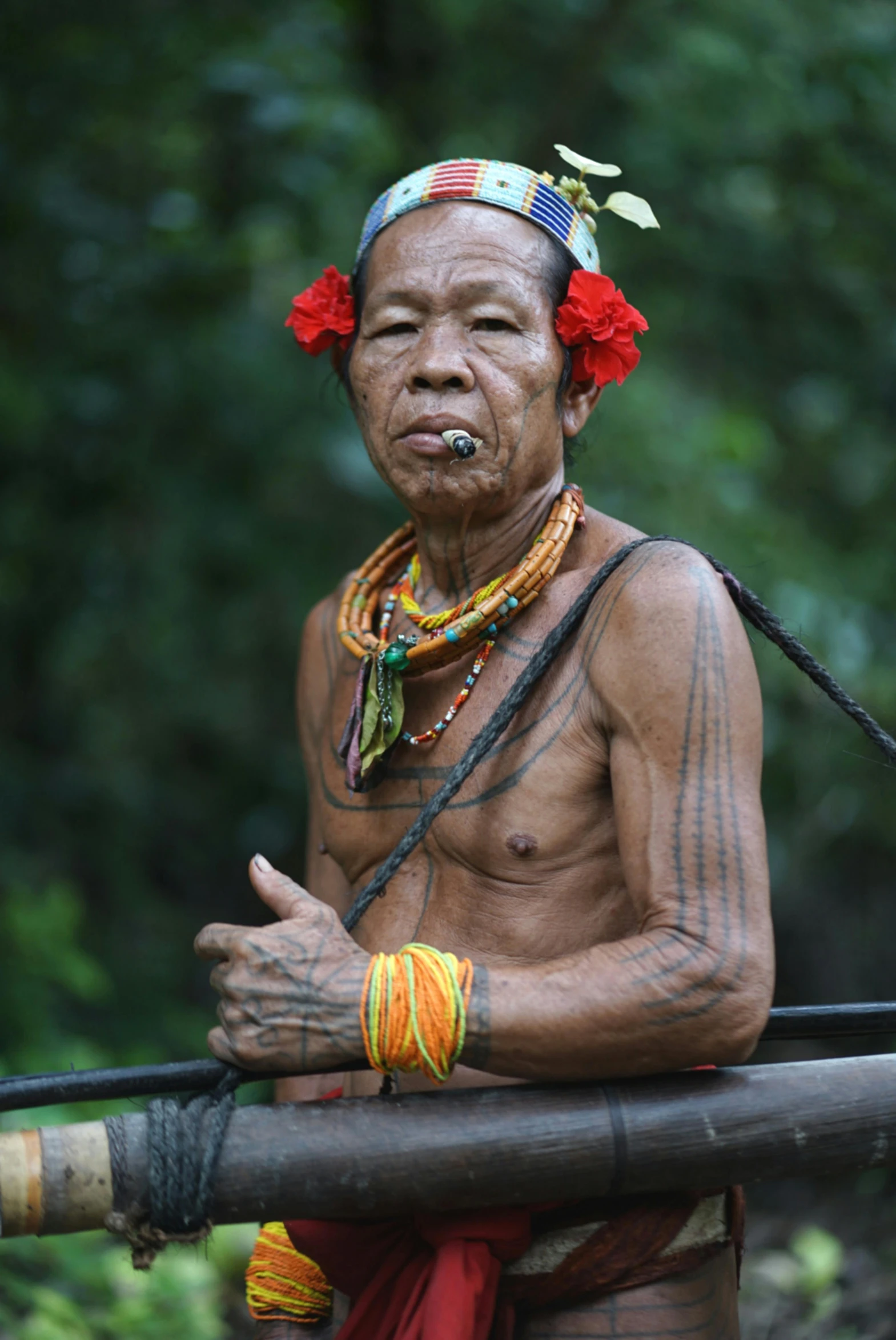 a man with the red flower lei and his headdress