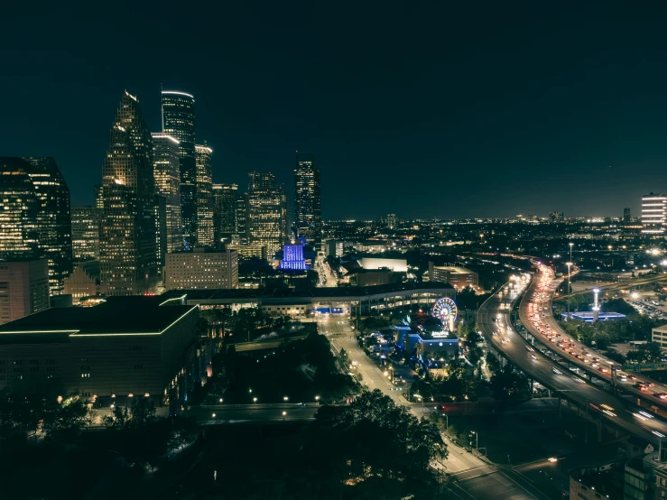 a night view of city lights and traffic