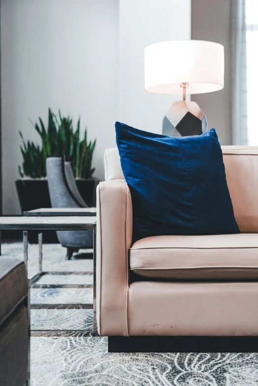 a couch in a living room with pillows and a lamp