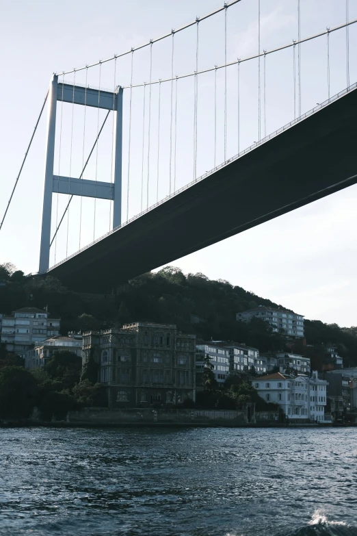 a large bridge spanning over the water above houses