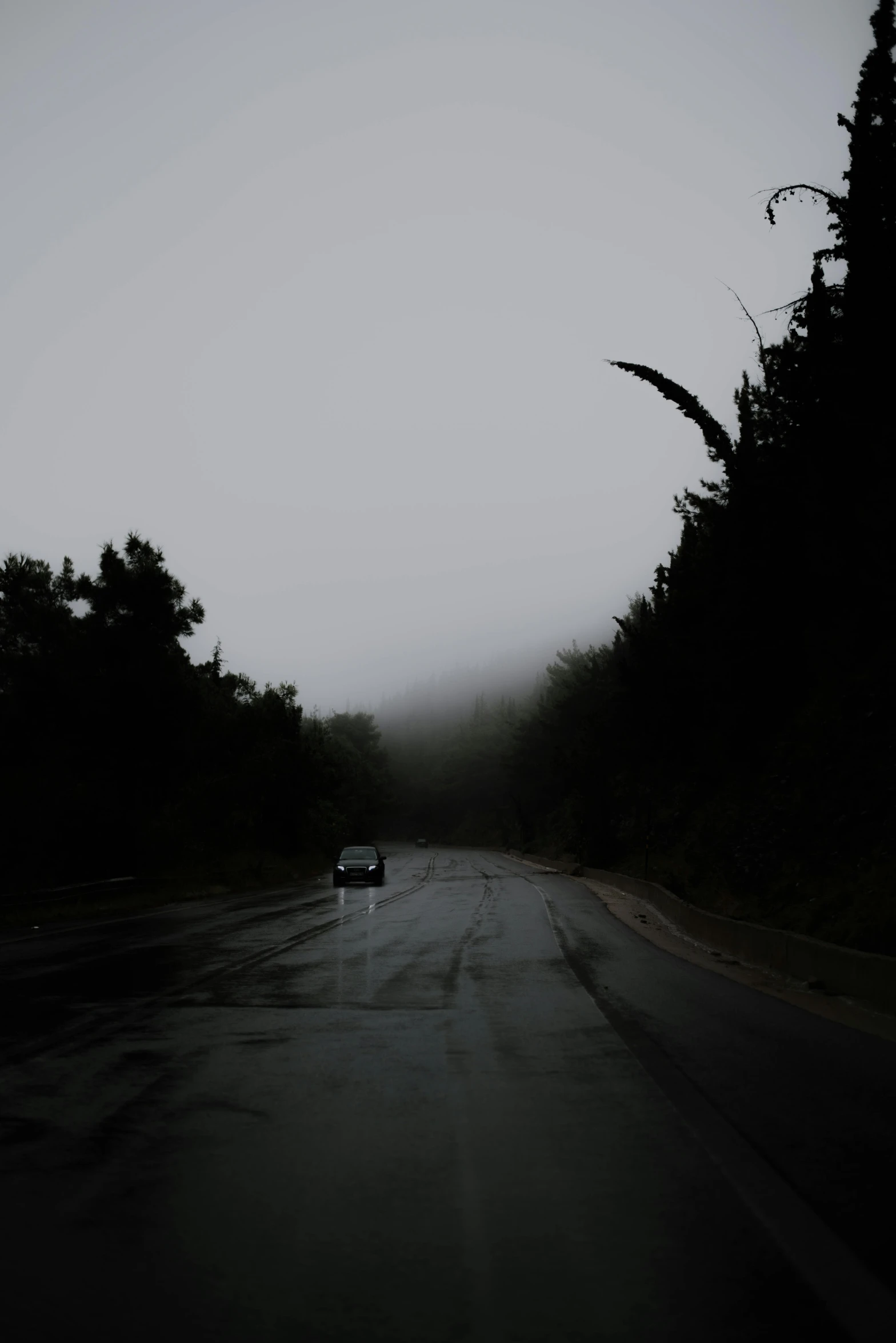 an empty road in the middle of a dark forest