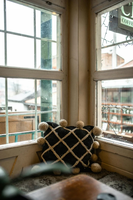 a teddy bear sits in front of two windows