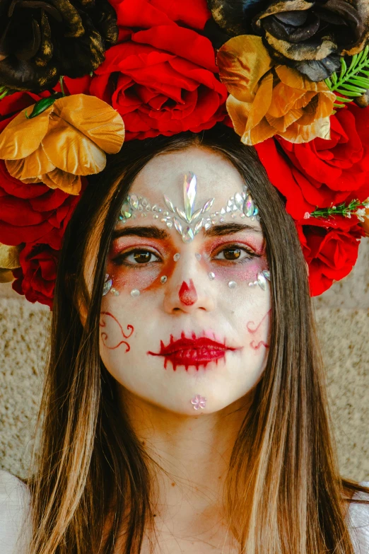 a woman with makeup is wearing flowers on her head