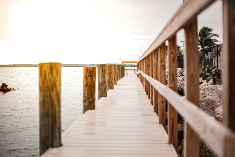 a wooden walkway leads across the water