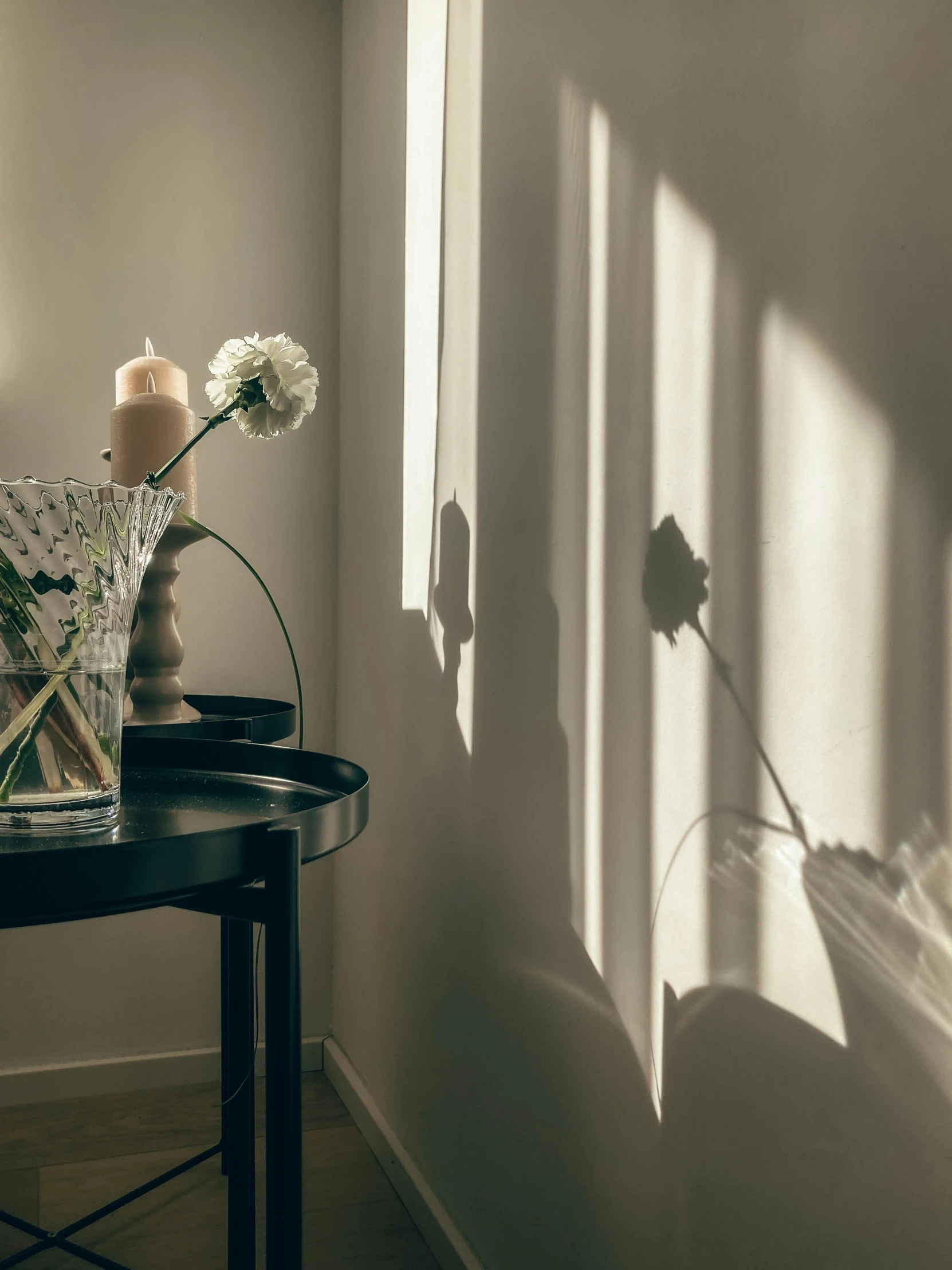 an arrangement of white flowers on a table with the light streaming in