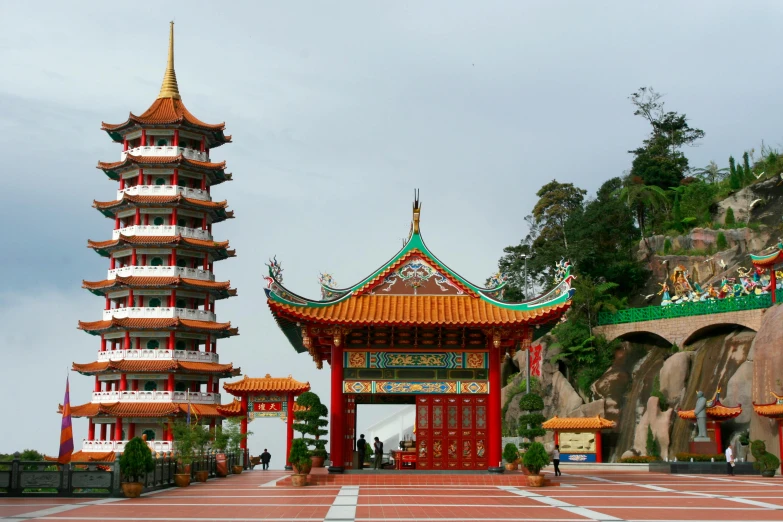 an open door with a pagoda style tower