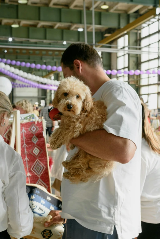 people and a dog in a white shirt at a crafting fair