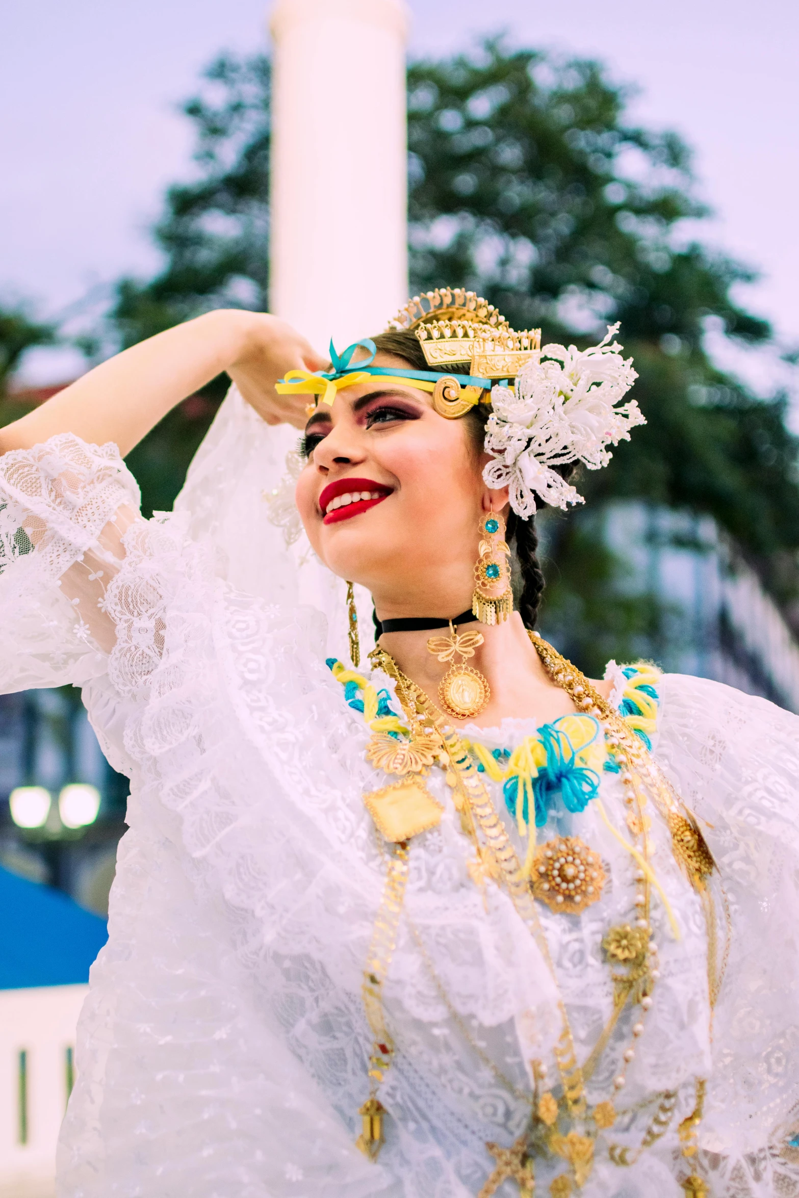 a woman wearing a costume and a wreath on her head