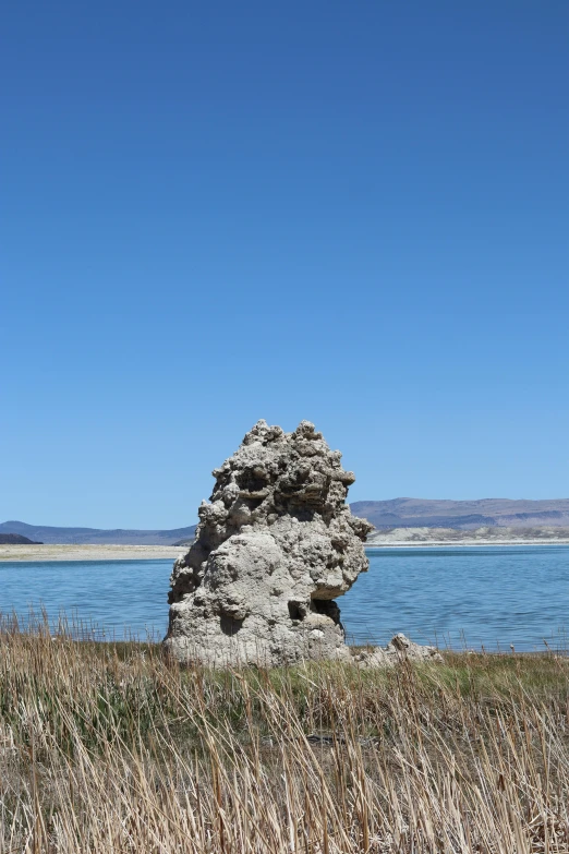 a single rock sits in the grass near water