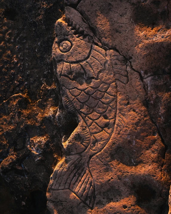 a stone carving with fish shapes and trees