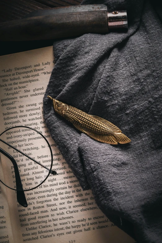 a metal object laying on top of an open book