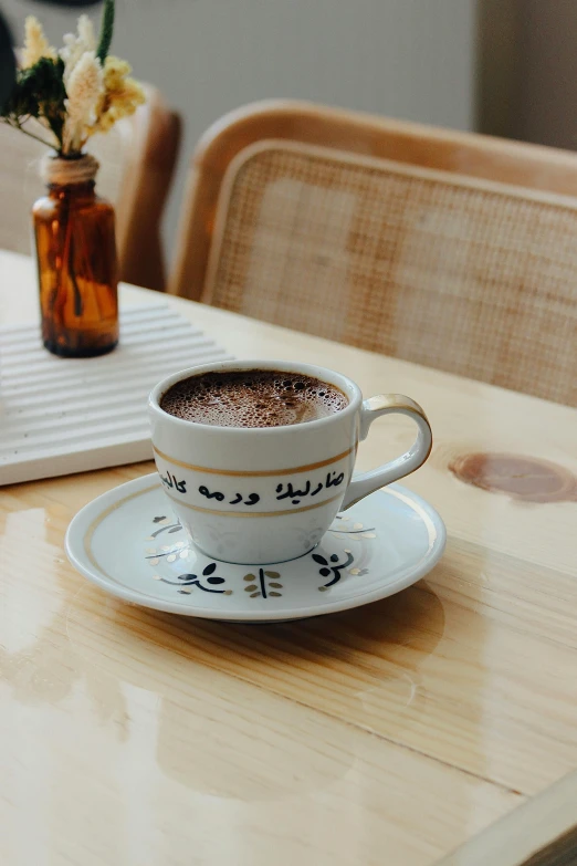 a cup filled with liquid sitting on a saucer