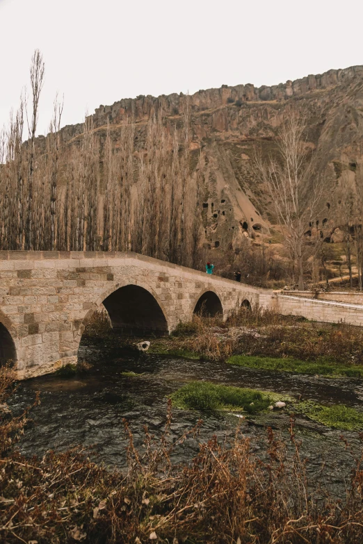 a stone bridge over a river with two arches leading into a mountain side