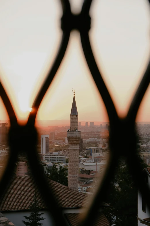 a view through a decorative fence of the city