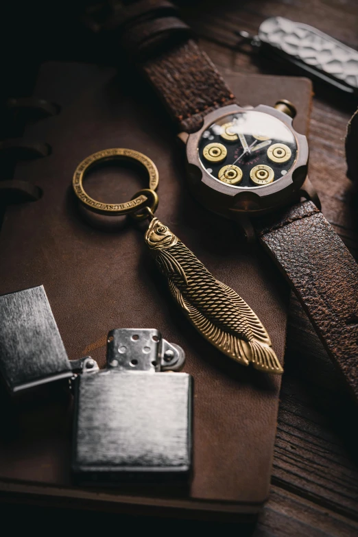 an assortment of accessories and a lighter on top of a wooden table