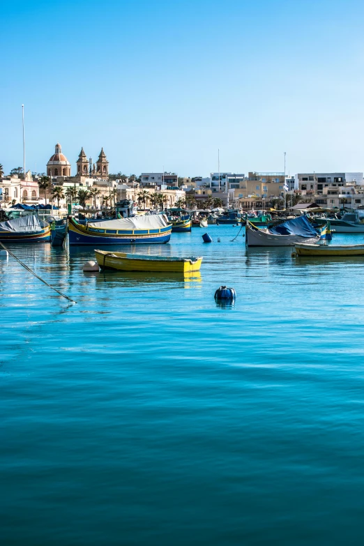 several boats in a harbor next to the city