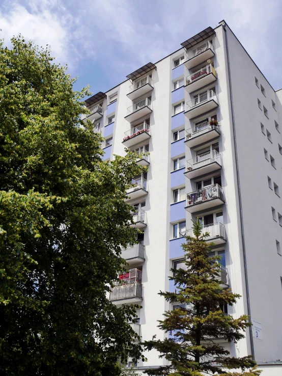 two trees near a white building with balconies