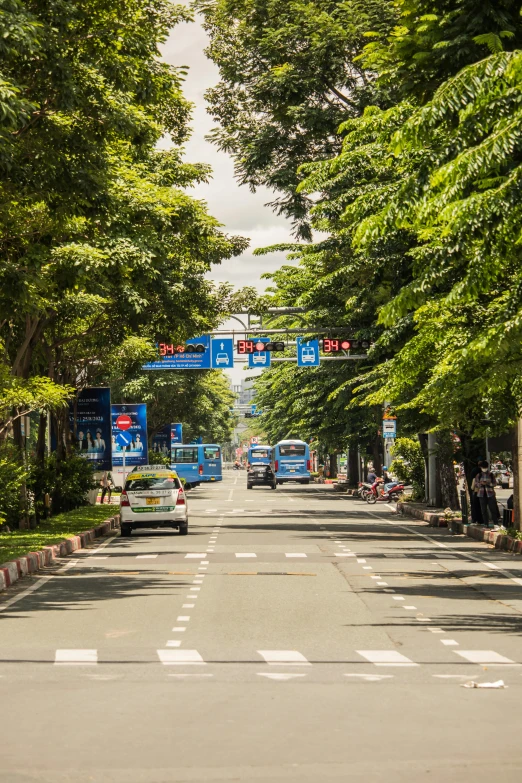 a city street with many trees along both sides of it