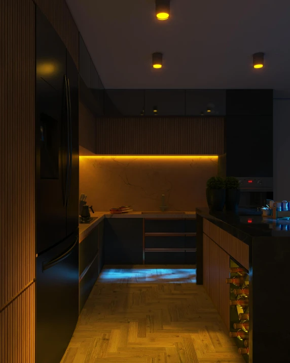 a kitchen with a large fridge, light wood floors, and black cabinets