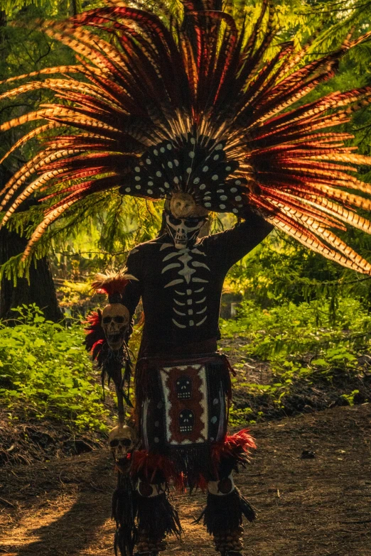 a man in an animal skin headdress stands on dirt with trees and grass in the background