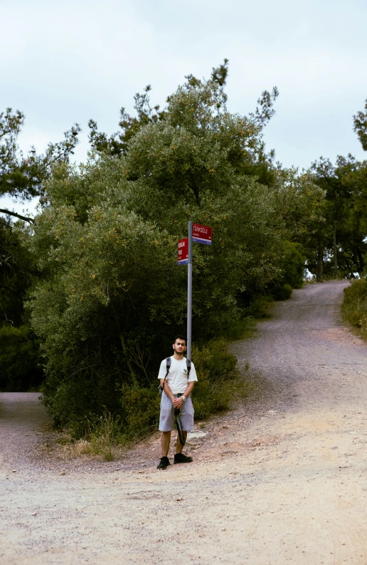 a man in shorts and a backpack under a red street sign