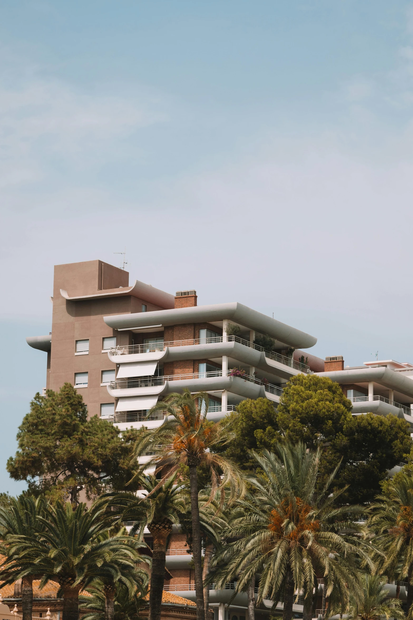 a tall building with two stories, along side palm trees and another brick building