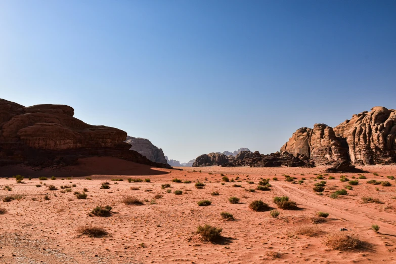 a field with sand and some rocks in the background