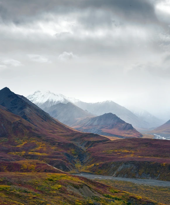 the mountains have colorful leaves on them and there is snow on them