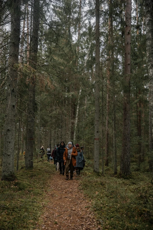 people wearing backpacks are walking along a path through the woods