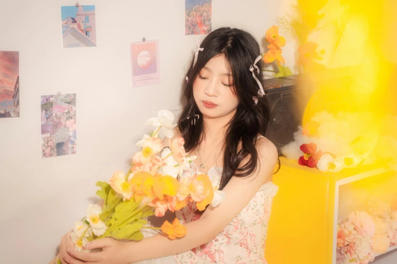 woman with long dark hair holding flower bouquet