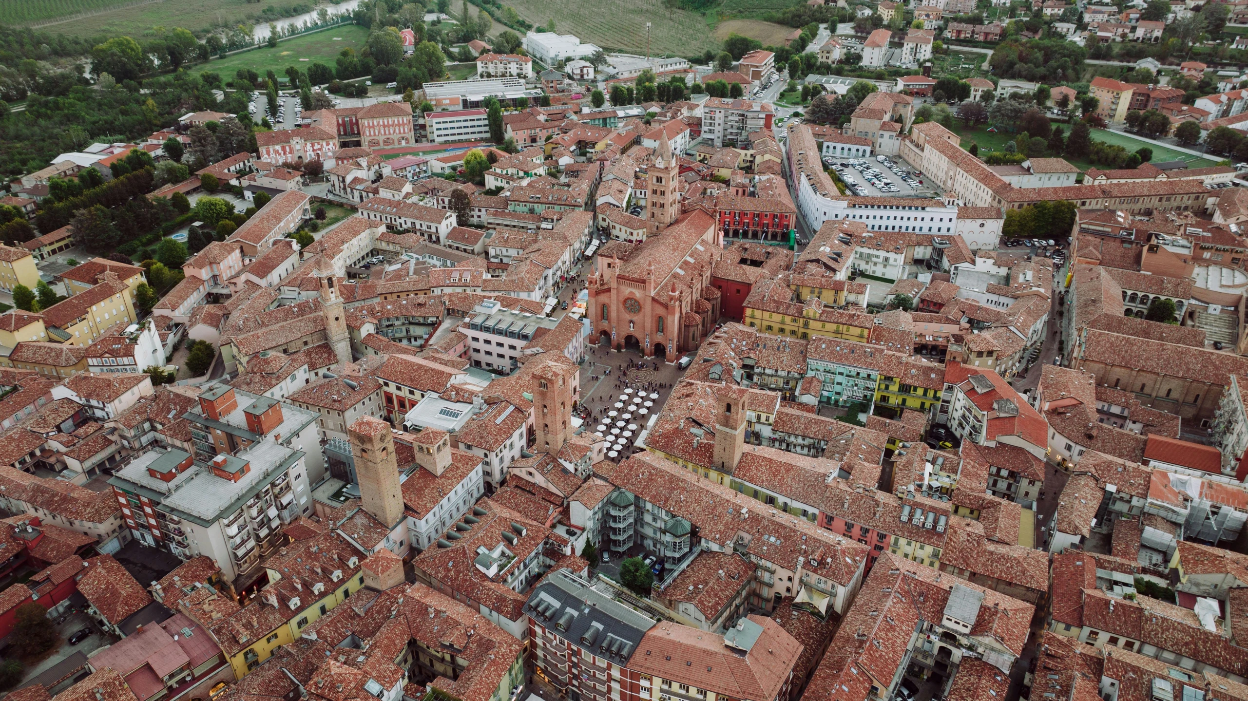 an aerial s of a red brick city