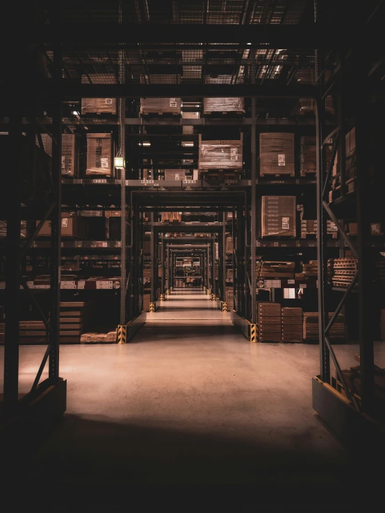 the warehouse is full of stacks of boxes