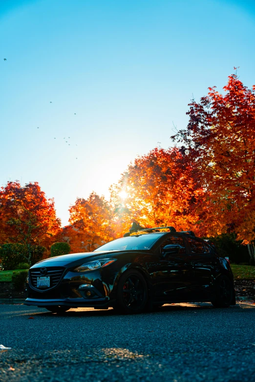 black car parked on street with bright setting sun