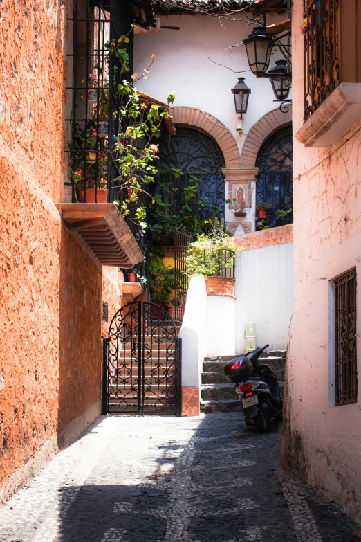 this is an alley with a set of doors and steps