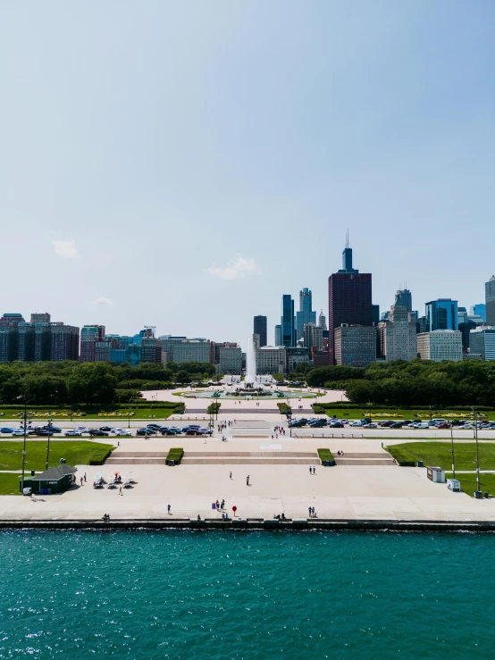 a wide view of a large waterfront with lots of grass